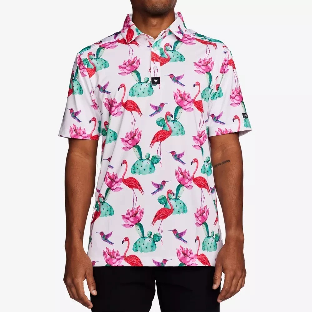 Bad Birdie Flock With Me Polo Mens Small S White Flamingos Stretch Golf Athletic